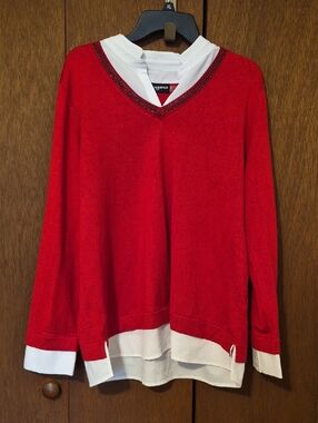 Karl Lagerfeld Red V-Neck Sweater with White Shirt Trim SZ L